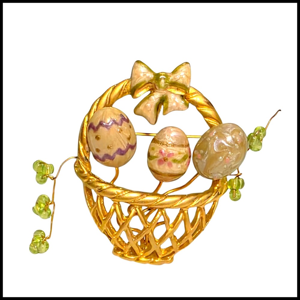 Vintage Gold Tone Easter Egg Basket Brooch Enamel Hand Painted Green Glass Beads